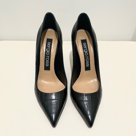 Sergio Rossi Black Croc Embossed Leather Pointed Toe Pumps Stiletto heel Shoes - Picture 11 of 16